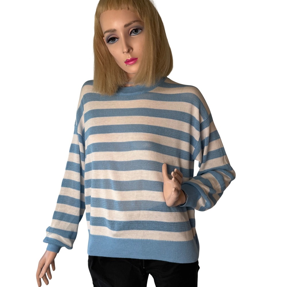 Vero Moda Striped Knit Sweater Coastal Grandmother Nautical Blue White Pull On M